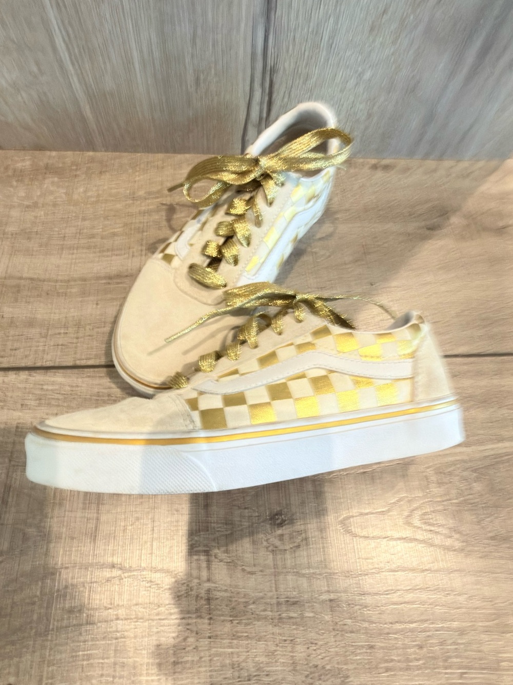 Vans Cream Suede Low-Top Sneakers with Gold Trim